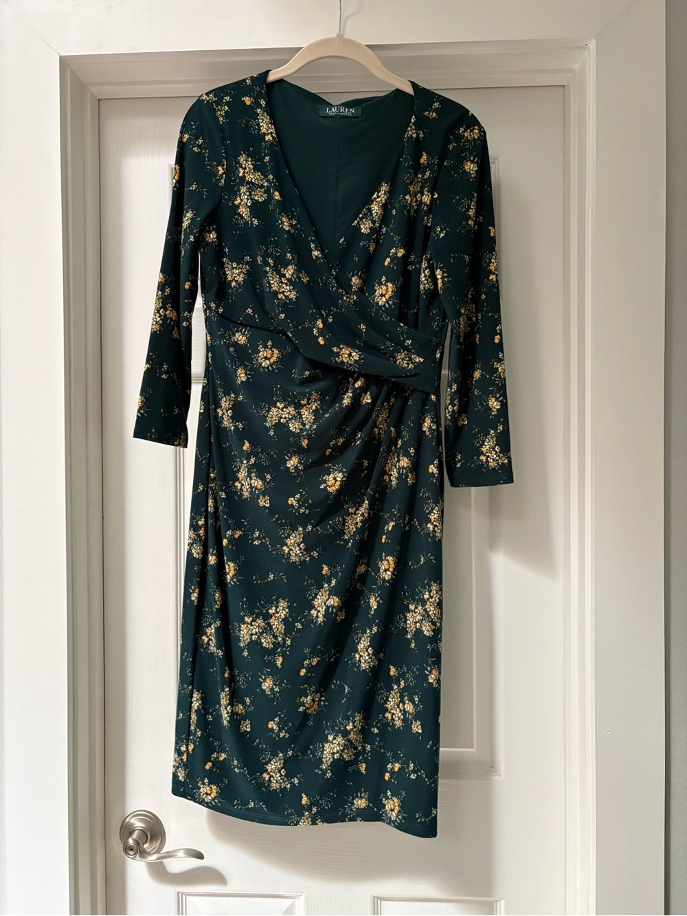 Lauren Ralph Lauren Deep Green Faux-Wrap Dress with Gold Floral Print